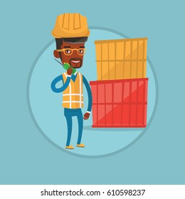 Port worker talking on wireless radio. Port worker standing on cargo containers background. Port worker using wireless radio. Vector flat design illustration in the circle isolated on background.