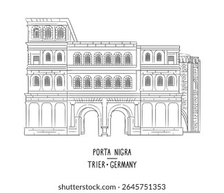 Porta Nigra ou portão preto, portão da cidade romana em Tréveris, Alemanha. Trabalho artístico de contorno desenhado à mão, ilustração monocromática de vetor. Esboço gráfico com atração alemã. Gravação de arte para impressão e design