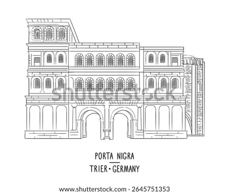 Porta Nigra or black gate, Roman city gate in Trier, Germany. Hand drawn outline artwork, vector monochrome illustration. Graphic sketch with German attraction. Engraving artwork for print and design