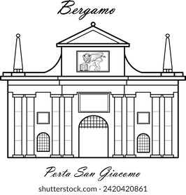 Porta San Giacomo is the only gap in the Walls visible from Bergamo Bassa, made of white marble, pedestrian gate in the upper city in Bergamo, Italy. Vector illustration symbol element for web design 