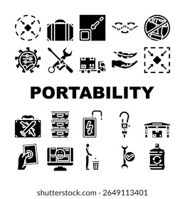 portátil, compacto, leve, dobrável, dobrável, flexível, fácil de viajar, portátil, comodidade do produto pictograma de glifos de produtos ilustrações