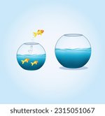 Portability, Fish Jumped from the small fish bowl to the big fish bowl, ambitious, one aquarium to another,  Round fishbowls, Flat style, Challenge, courage, EPS 10 vector illustration