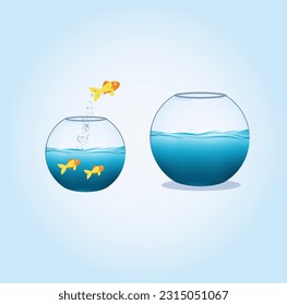 Portability, Fish Jumped from the small fish bowl to the big fish bowl, ambitious, one aquarium to another,  Round fishbowls, Flat style, Challenge, courage, EPS 10 vector illustration