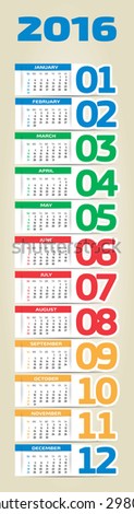portable 2016 year vector calendar