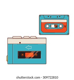 Portable audio cassette player. A cassette player and a cassette.