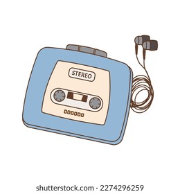 Portable audio cassette player with headphones isolated on white background. Back to 90s. Nostalgia for 1990s element. Retro style.