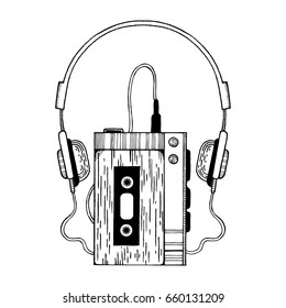 Portable audio cassette player with headphones vector illustration. Scratch board style imitation. Hand drawn image.