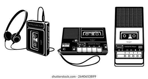 Portable Audio Cassette Players Silhouettes. Vector cliparts isolated on white.