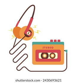 Portable audio player with headphones from the 90s. Vector illustration in retro style.