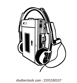 portable audio tape compact cassette player with headphone vector silhouette