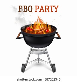 Portable barbecue party grill with sausages and tomatoes realistic vector illustration 