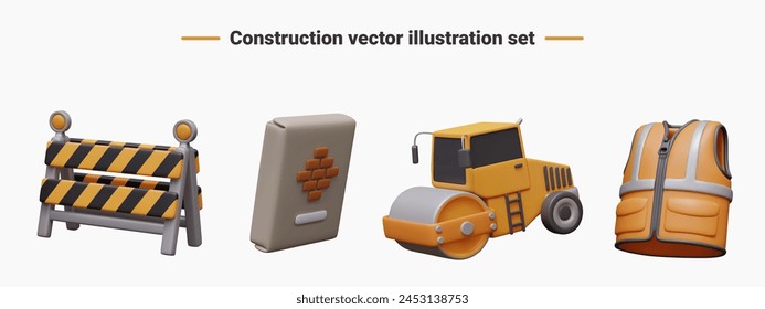 Portable barrier, bag of cement, road roller, orange worker vest