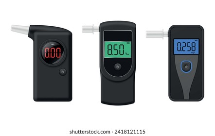 Tragbarer Atem-Lader mit farbigem LCD-Bildschirm für die Alkoholmessung realistisch Vektorgrafik. Digitales Instrument zur Analyse der Atemwege der Intoxikation Ergebnis Polizeimedizinischer Testdetektor