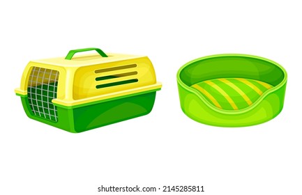 Portable cage for carrying pets, cute dog or cat bed. Accessory for pet animals cartoon vector illustration