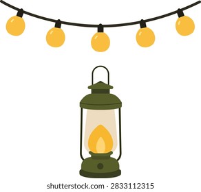 Portable camping lantern and glowing string bulb lights for outdoor decoration