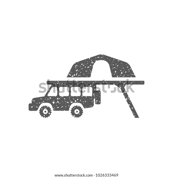 Portable camping tent icon in grunge\
texture. Vintage style vector\
illustration.