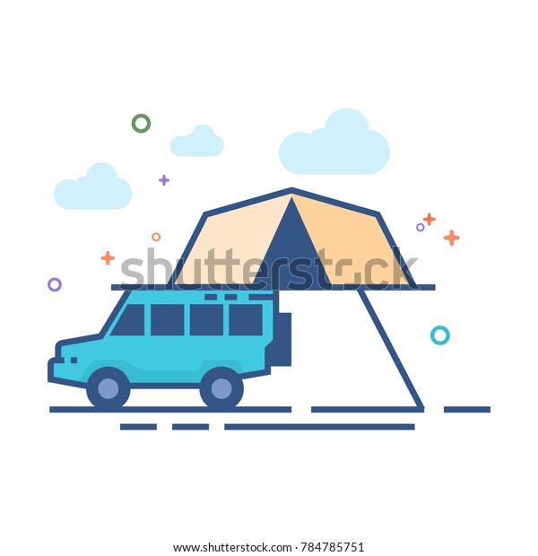 Portable camping tent icon in outlined flat\
color style. Vector\
illustration.