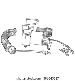 Portable car air compressor. Car tyre electrical inflator. Illustration car air compressor.