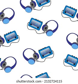 Portable cassette audio player and headphones on a white background. Seamless vector illustration.