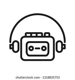 Portable of cassette player with headphones. Retro, in the decade of the 1980-1990s. Stroke outline style. Line vector. Isolate on white background.