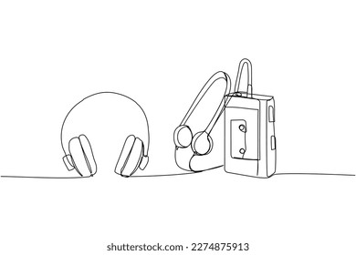 Portable cassette player, tape recorder with headphones set one line art. Continuous line drawing of tape, retro, cassette, vintage, radio, audio, player, stereo, sound, boombox, 80s, disco, 90s