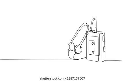 Portable cassette player, tape recorder one line art. Continuous line drawing of tape, retro, cassette, vintage, hipster, music, compact, radio, audio, player, stereo, sound, boombox, 80s, disco, 90s