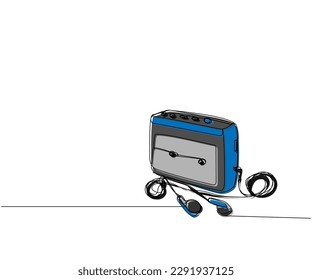 Portable cassette player, tape recorder one line color art. Continuous line drawing of tape, retro, cassette, vintage, hipster, music, compact, audio, player, stereo, sound, boombox, 80s, disco, 90s