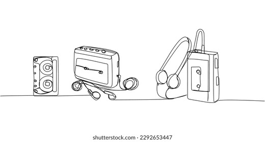 Portable cassette player, tape recorder, audio cassette set one line art. Continuous line drawing of tape, retro, cassette, vintage, radio, audio, player, stereo, sound, boombox, 80s. 3D Illustration