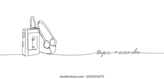 Portable cassette player, tape recorder one line art. Continuous line drawing of tape, retro, cassette, vintage, boombox, 80s, disco, 90s with an inscription, lettering, handwritten.