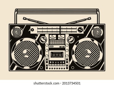 Portable cassette stereo recorder template in vintage monochrome style isolated vector illustration