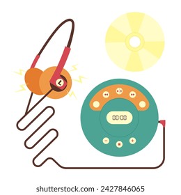 Portable CD player, headphones, disc. Colored vector illustration in 90s style. White background.