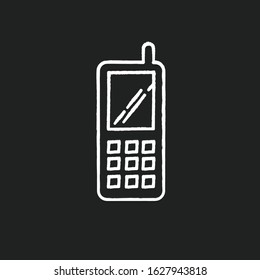 Portable cell phone chalk white icon on black background. Wireless cellular telephone with buttons. Communication device. Mobile phone. Electronic gadget. Isolated vector chalkboard illustration