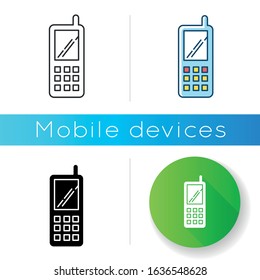 Portable cell phone icon. Wireless cellular telephone with buttons. Communication device. Handheld mobile phone. Electronic gadget. Linear black and RGB color styles. Isolated vector illustrations