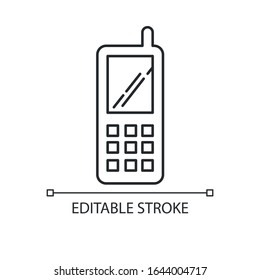 Portable cell phone pixel perfect linear icon. Wireless cellular telephone with buttons. Thin line customizable illustration. Contour symbol. Vector isolated outline drawing. Editable stroke