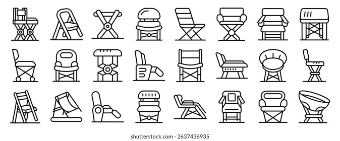 Portable chair icons set. Explore a variety of folding chairs designed for outdoor activities, offering comfort and convenience for camping, fishing, and more
