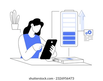Ilustración vectorial de concepto abstracto del cargador portátil. Mujer con smartphone usando banco de energía, dispositivos y accesorios móviles, tecnología moderna, metáfora abstracta de dispositivo cargador portátil.