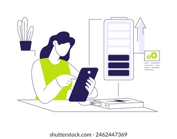 Portable charger abstract concept vector illustration. Woman with smartphone using power bank, mobile gadgets and accessories, modern technology, portable charger device abstract metaphor.