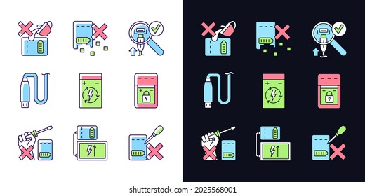 Portable charger care light and dark theme RGB color manual label icons set. Isolated vector illustrations on white and black space. Simple filled line drawings pack for product use instructions