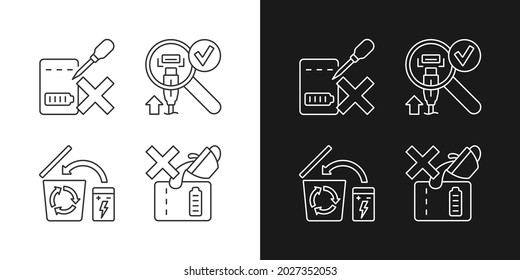 Portable charger guide linear manual label icons set for dark and light mode. Customizable thin line symbols. Isolated vector outline illustrations for product use instructions. Editable stroke