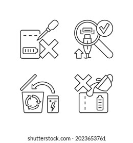 Portable charger guidelines linear manual label icons set. Charger disposal. Customizable thin line contour symbols. Isolated vector outline illustrations for product use instructions. Editable stroke