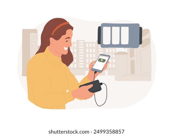 Portable charger isolated cartoon vector illustrations. Woman with smartphone using power bank, mobile gadgets and accessories, modern technology, portable charger device vector cartoon.