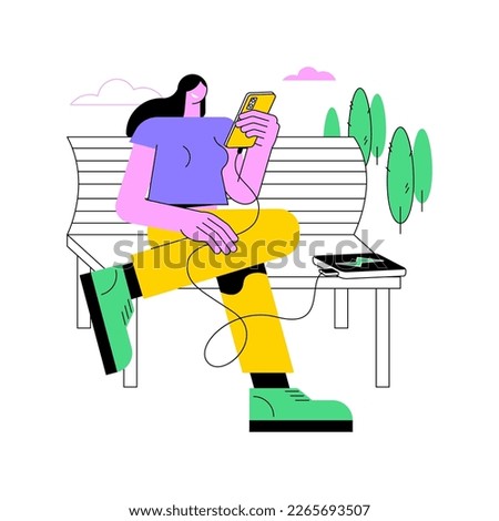 Portable charger isolated cartoon vector illustrations. Woman with smartphone using power bank, mobile gadgets and accessories, modern technology, portable charger device vector cartoon.