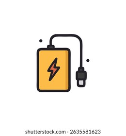 Carregador portátil com banco de energia amarelo e raio, ideal para conceitos de tecnologia e ilustrações de dispositivos eletrônicos.
