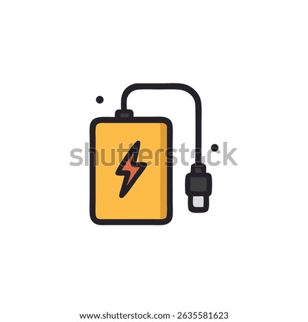 Portable charger with a yellow power bank and lightning bolt, ideal for technology concepts and electronic device illustrations.