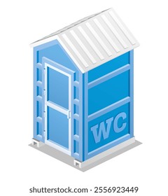 Portable chemical toilet. Isometric dry water closet cabin. Vector illustration. Object isolated on white. Blue restroom WC lavatory stall.