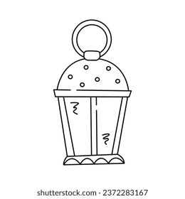 Linterna de velas navideñas portátiles. Elemento de diseño interior Linterna navideña con Vela, contorno negro en estilo Doodle. Decoración de Año Nuevo, ánimo festivo. Ilustración del vector