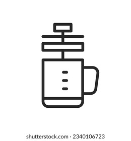 Portable Coffee Press Icon. Vector Linear Illustration of Camp Coffee Maker for Outdoor Adventure and Trekking.