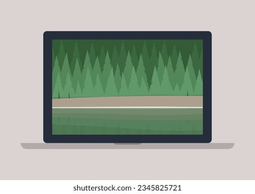 A portable computer displaying a wallpaper featuring a peaceful everlasting spruce forest with a mountain lake