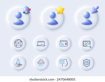 Portable computer, Eye detect and Romantic talk line icons. Placeholder with 3d cursor, bell, star. Pack of Recruitment, Search photo, Pin icon. Shower, Loyalty program pictogram. Vector