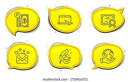 Portable computer sign. Diploma certificate, save planet chat bubbles. Parking payment, Love mail and Hypoallergenic tested line icons set. Paid garage, Valentines letter, Feather. Vector